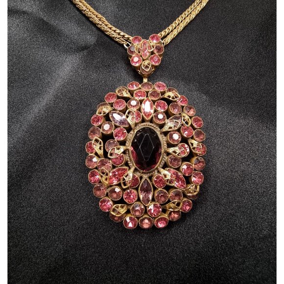 Vintage 1920s-1930s Gold-Tone Necklace With Pink & Ruby Red Rhinestone Oval Pend - Picture 1 of 7